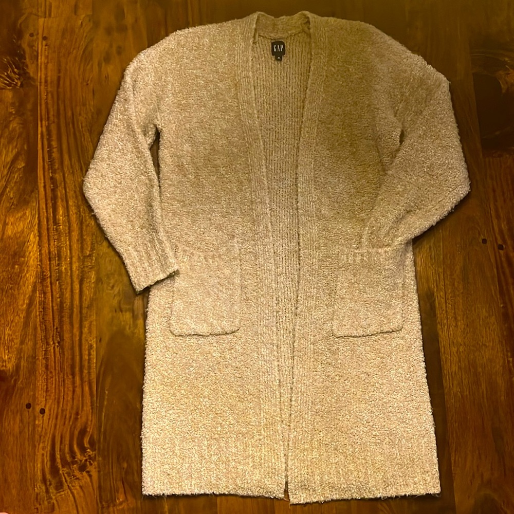 Gap Long Open Front Cardigan in Beige Marl Boucle